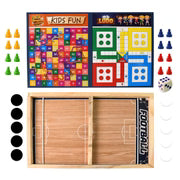 3-in-1 Wooden Board Game Set – Ludo, Snakes & Ladders, and Desktop Football with Playing Pieces & Dice – Foldable Wooden Box Game for Kids & Family Fun – Indoor Tabletop Board Game Kit